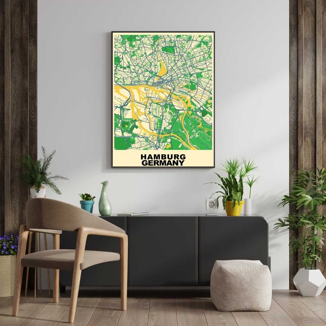 COLOURED ROAD MAP OF HAMBURG, GERMANY BY MAPBAKES