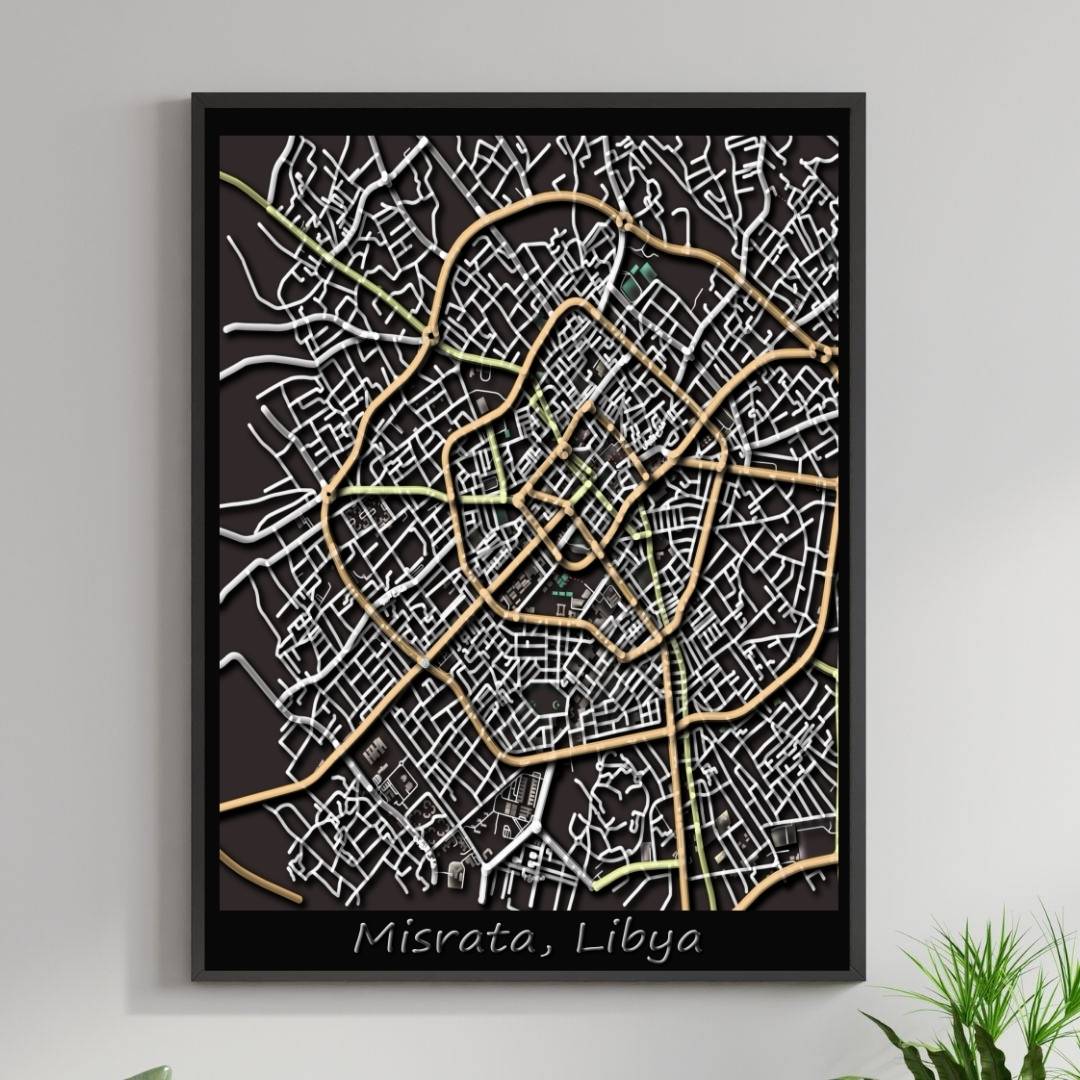 COLOURED ROAD MAP OF MISRATA, LIBYA BY MAPBAKES