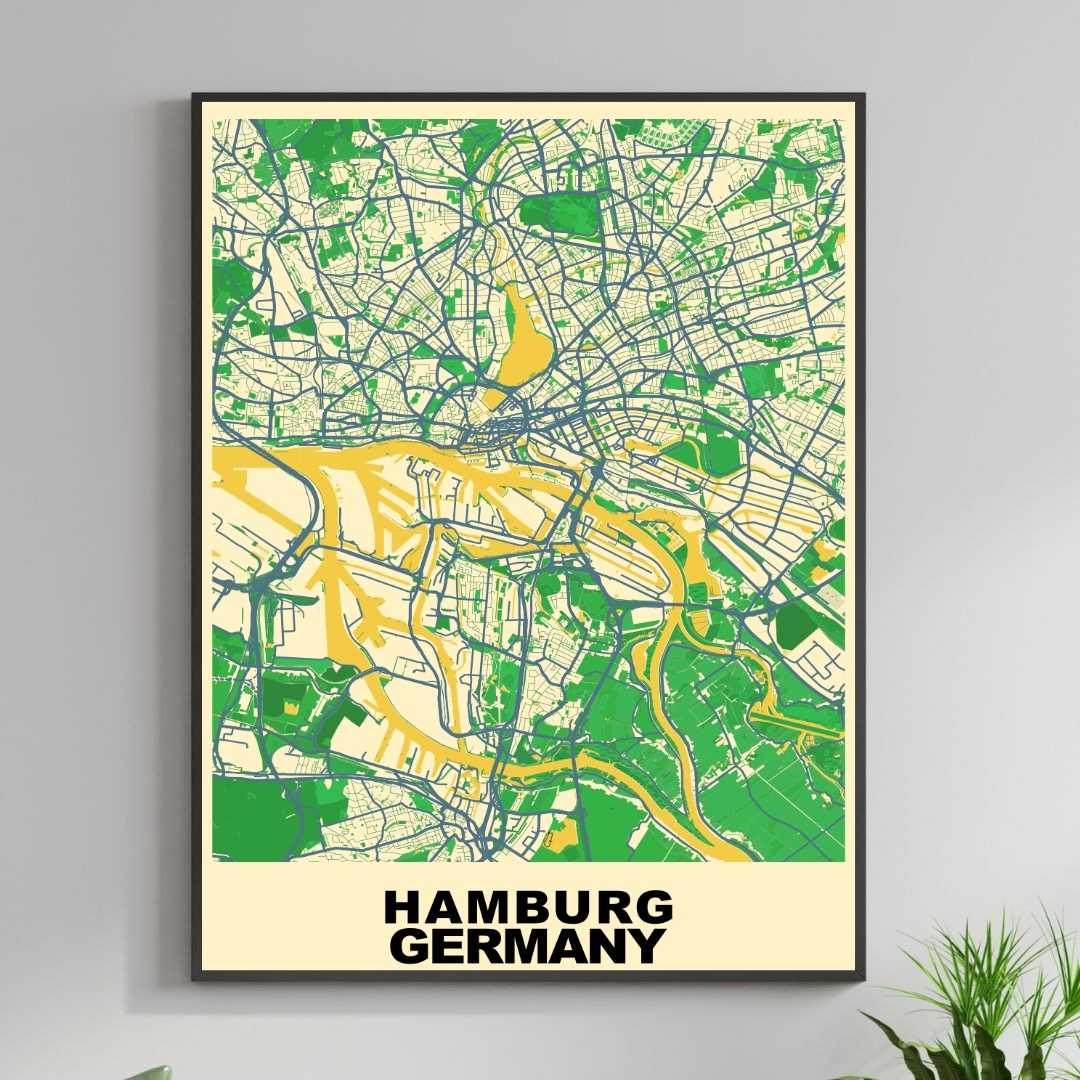 COLOURED ROAD MAP OF HAMBURG, GERMANY BY MAPBAKES