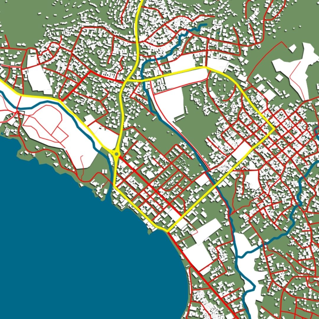 COLOURED ROAD MAP OF LIMBE, CAMEROON BY MAPBAKES