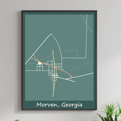COLOURED ROAD MAP OF MORVEN, GEORGIA BY MAPBAKES