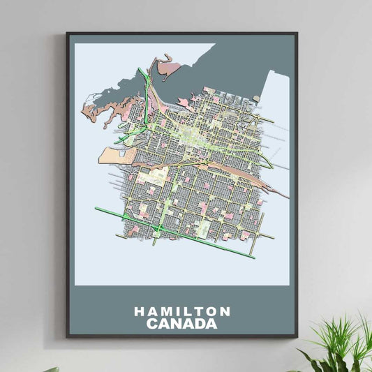 COLOURED ROAD MAP OF HAMILTON, CANADA BY MAPBAKES