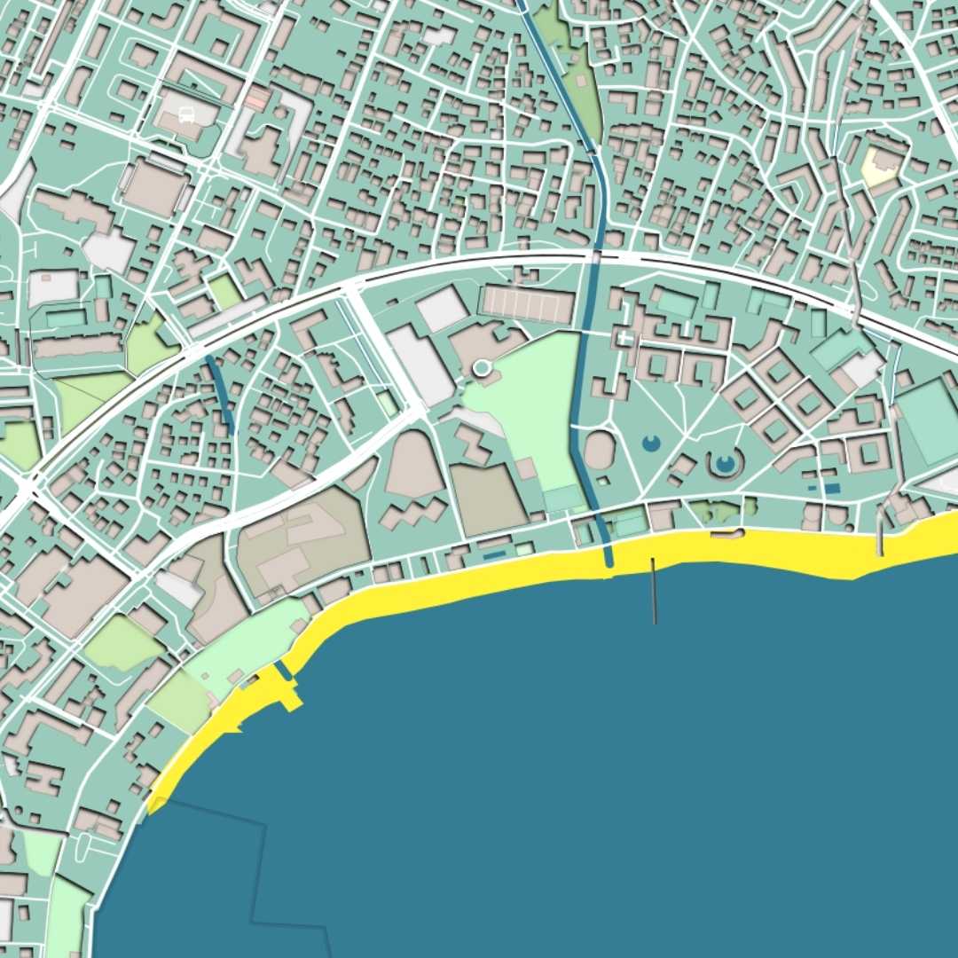 COLOURED ROAD MAP OF BUDVA, MONTENEGRO BY MAPBAKES