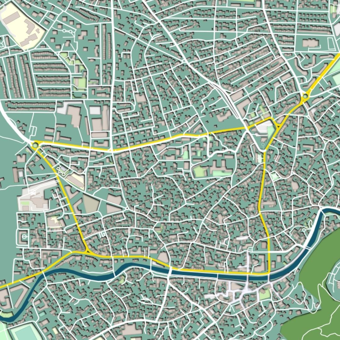 COLOURED ROAD MAP OF PRIZREN, KOSOVO BY MAPBAKES