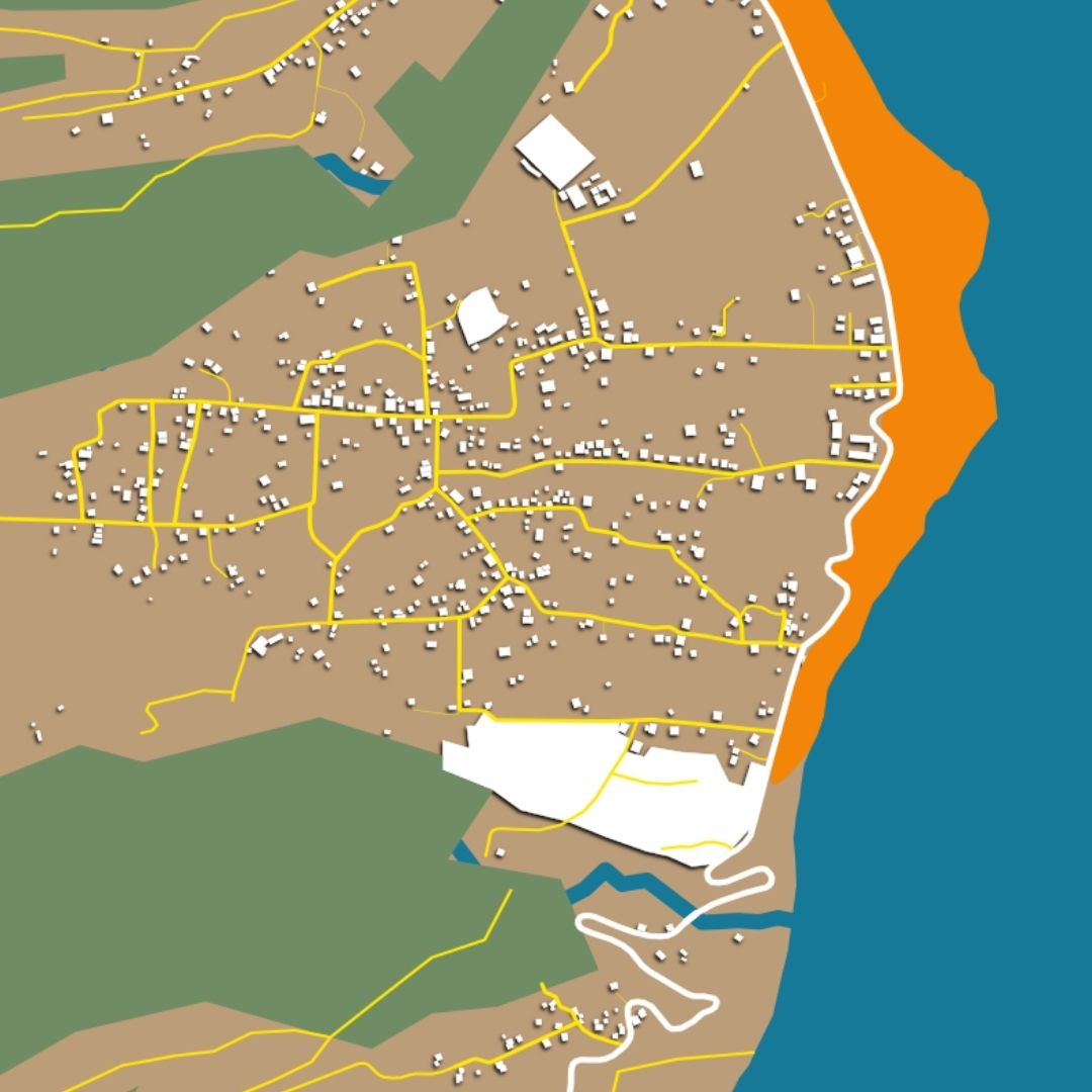 COLOURED ROAD MAP OF WESLEY, DOMINICA BY MAPBAKES