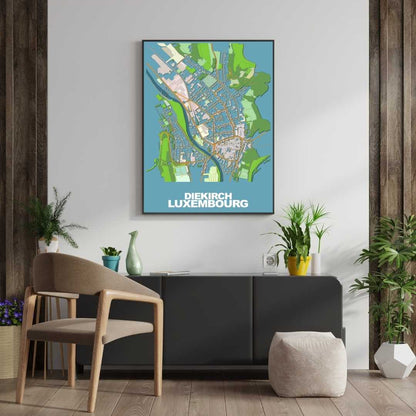 COLOURED ROAD MAP OF DIEKIRCH, LUXEMBOURG BY MAPBAKES