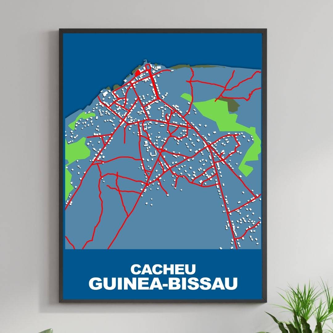 COLOURED ROAD MAP OF CACHEU, GUINEA-BISSAU BY MAPBAKES