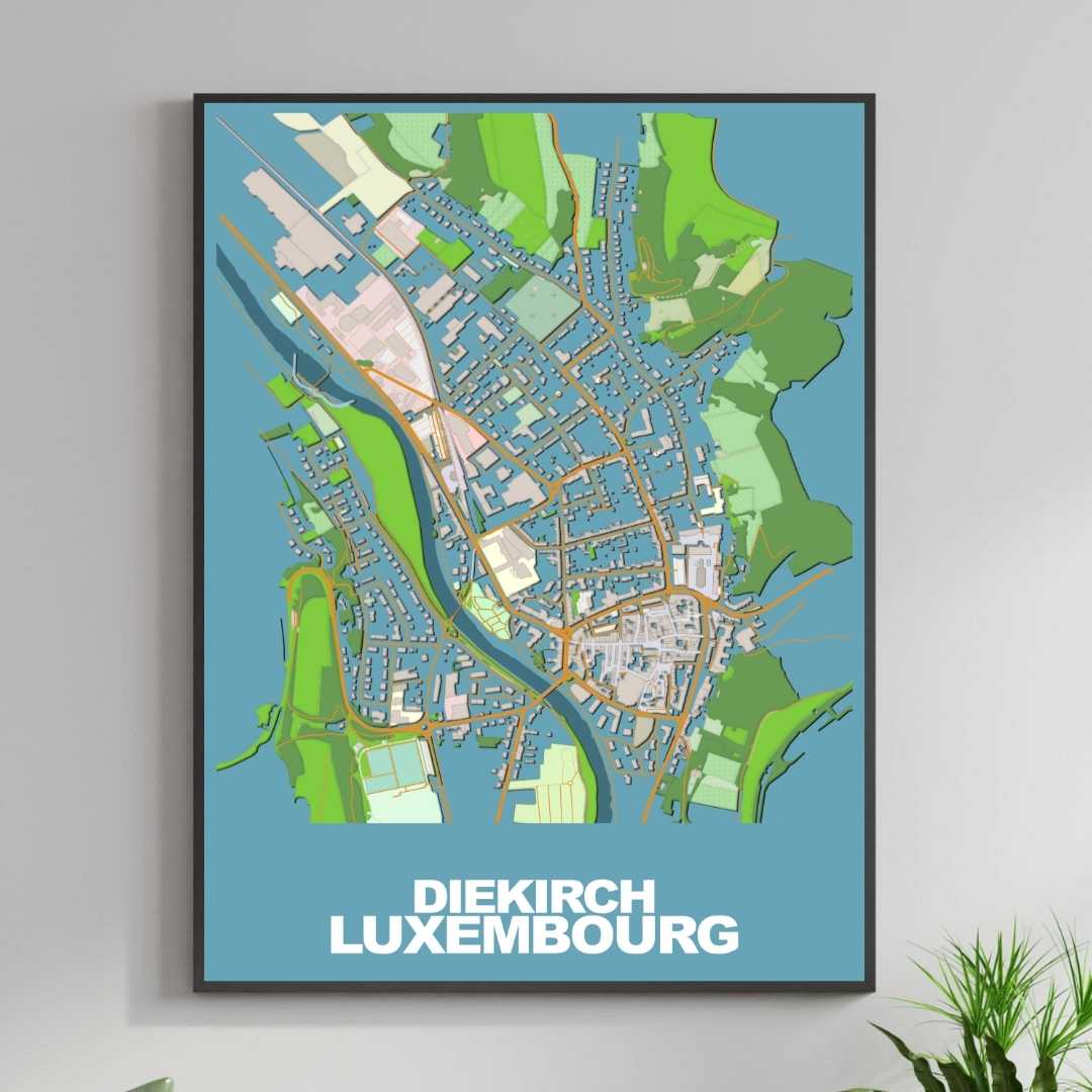 COLOURED ROAD MAP OF DIEKIRCH, LUXEMBOURG BY MAPBAKES
