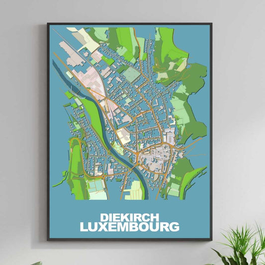COLOURED ROAD MAP OF DIEKIRCH, LUXEMBOURG BY MAPBAKES