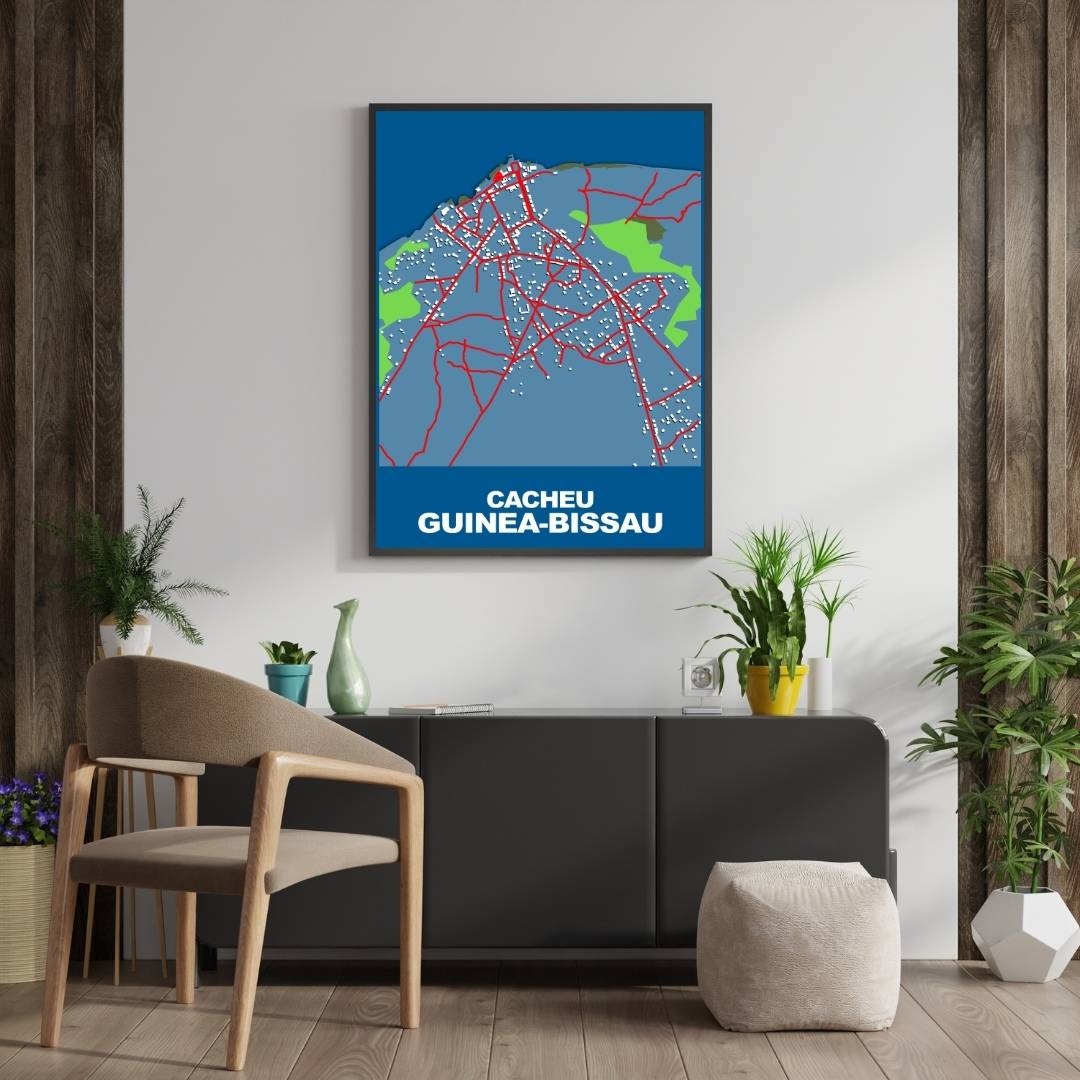 COLOURED ROAD MAP OF CACHEU, GUINEA-BISSAU BY MAPBAKES