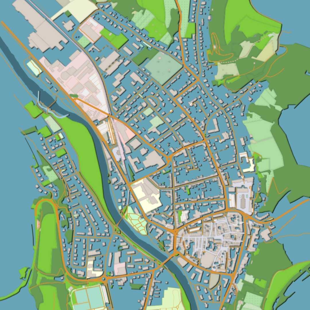 COLOURED ROAD MAP OF DIEKIRCH, LUXEMBOURG BY MAPBAKES