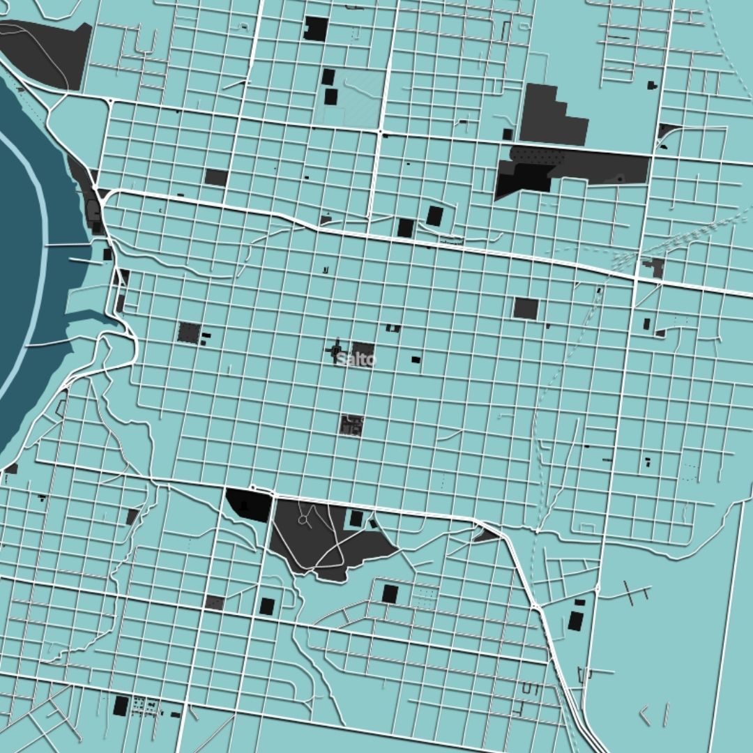 COLOURED ROAD MAP OF SALTO, URUGUAY BY MAPBAKES