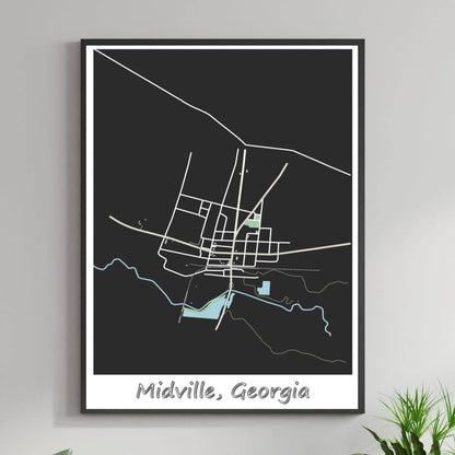 COLOURED ROAD MAP OF MIDVILLE, GEORGIA BY MAPBAKES