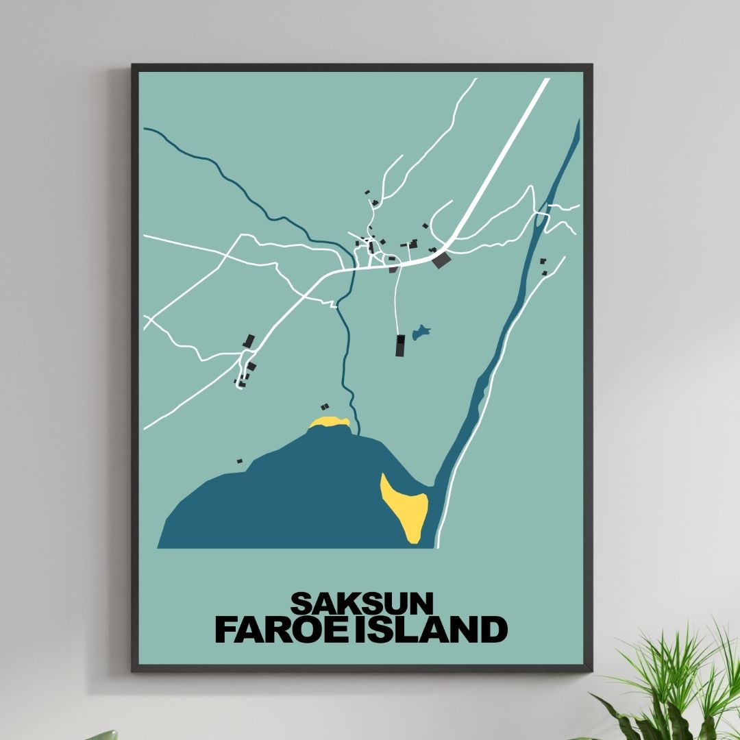 COLOURED ROAD MAP OF SAKSUN, FAROE ISLANDS BY MAPBAKES