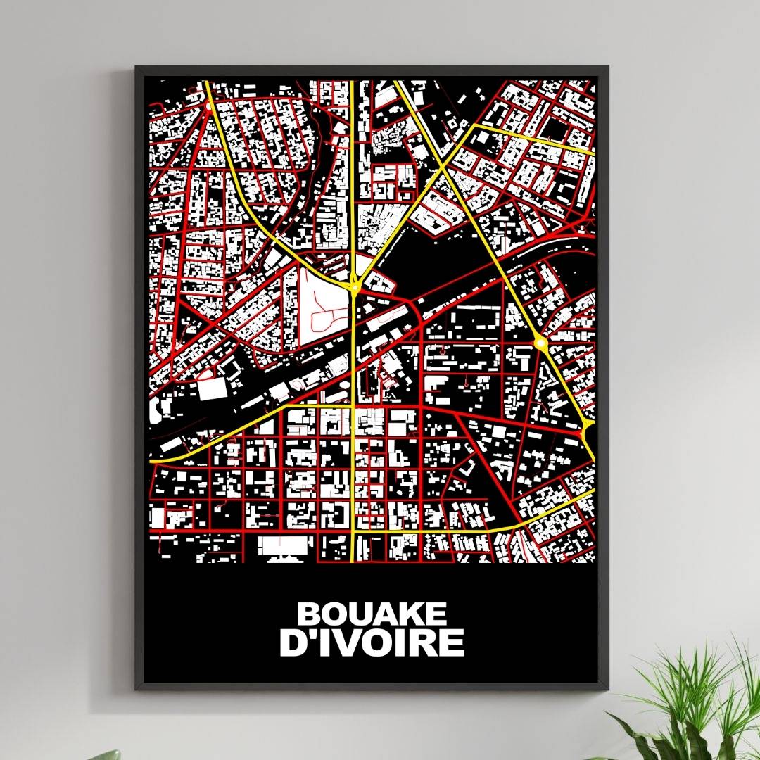 COLOURED ROAD MAP OF BOUAKE, CÃ”TE D'IVOIRE BY MAPBAKES