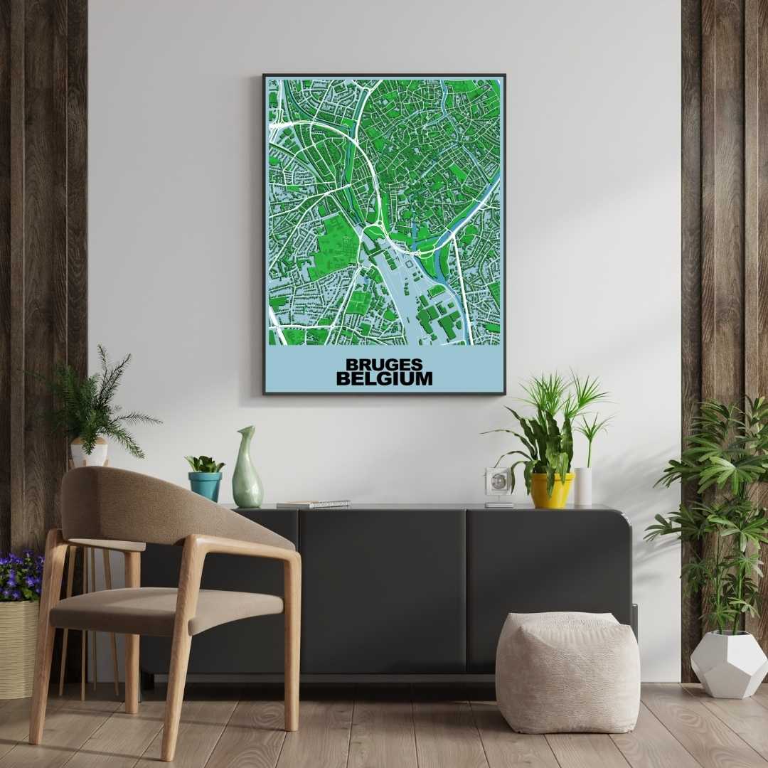 COLOURED ROAD MAP OF BRUGES, BELGIUM BY MAPBAKES