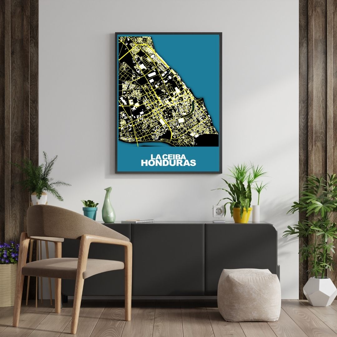 COLOURED ROAD MAP OF LA CEIBA, HONDURAS BY MAPBAKES