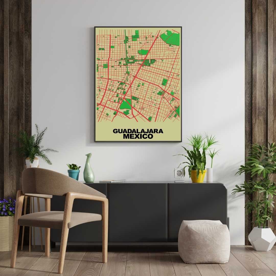 COLOURED ROAD MAP OF GUADALAJARA, MEXICO BY MAPBAKES