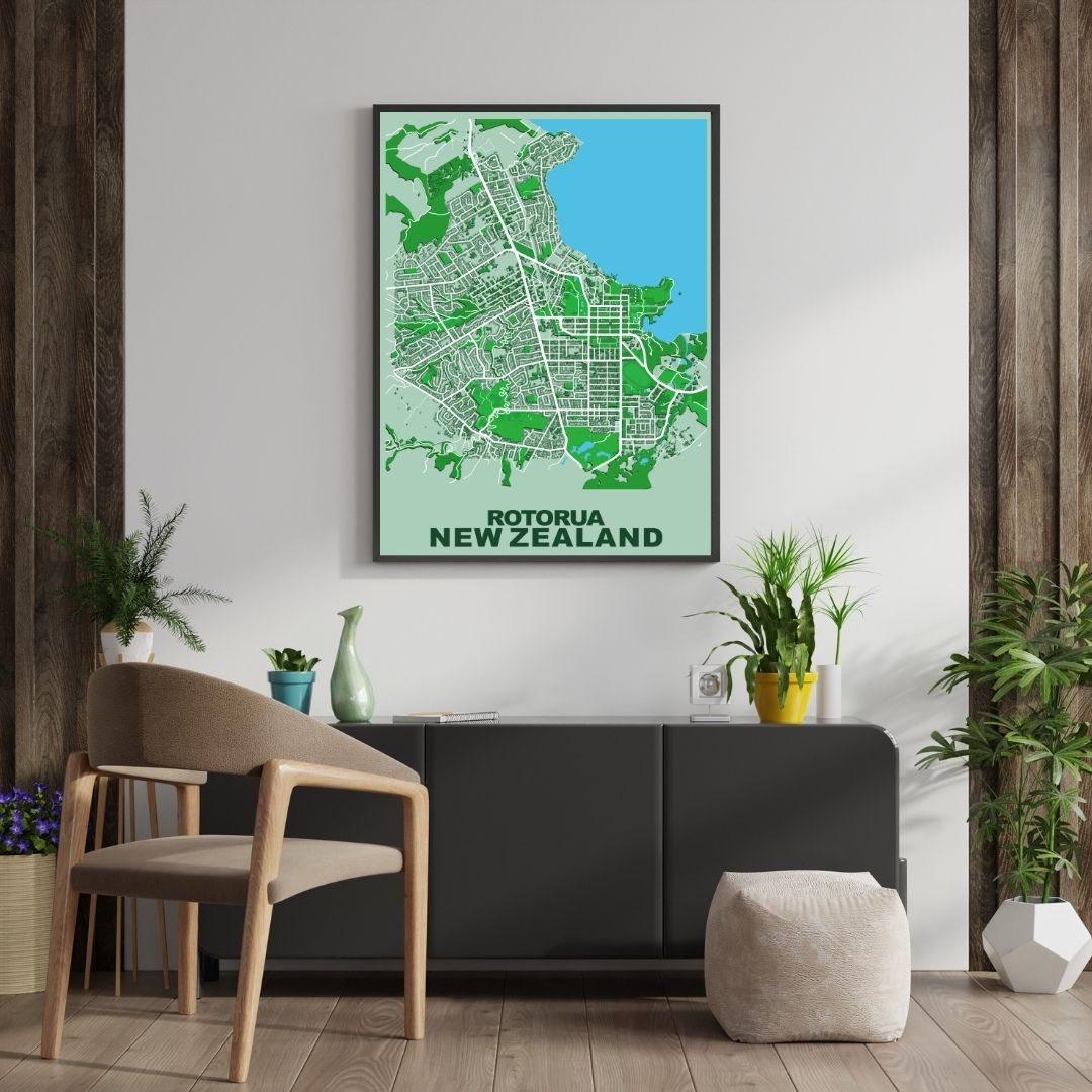 COLOURED ROAD MAP OF ROTORUA, NEW ZEALAND BY MAPBAKES