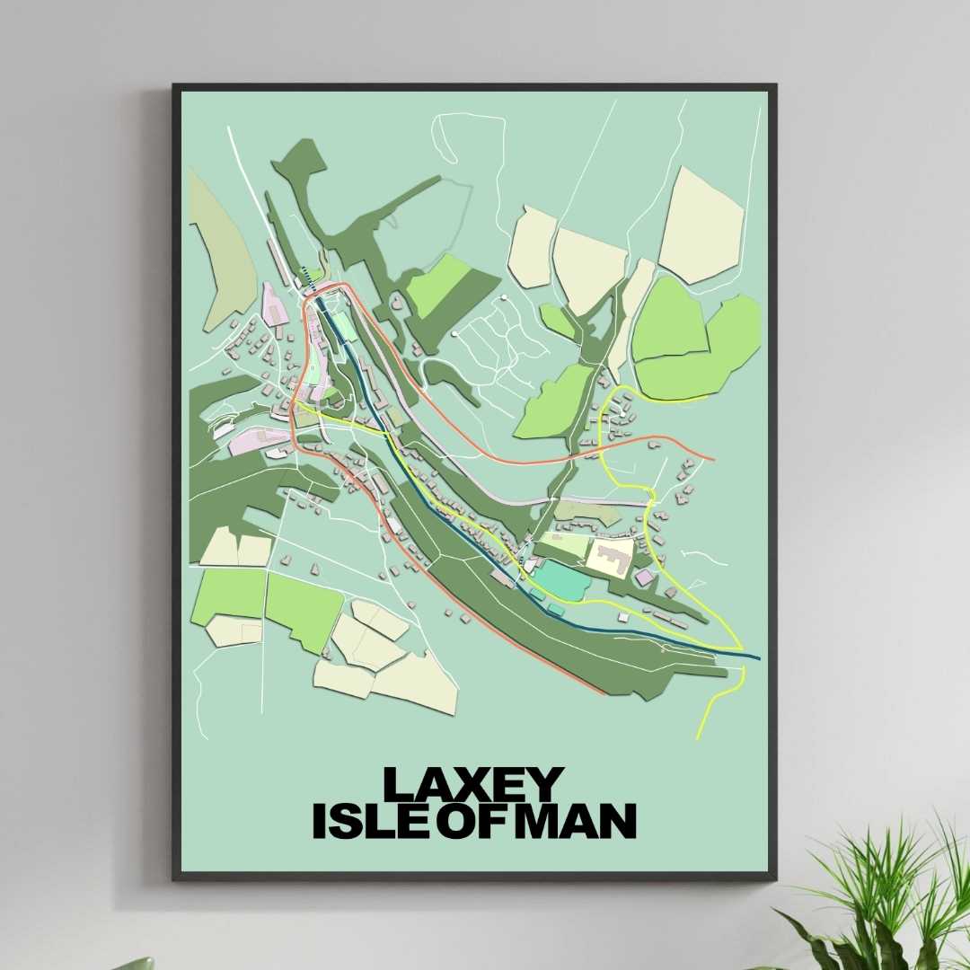 COLOURED ROAD MAP OF LAXEY, ISLE OF MAN BY MAPBAKES