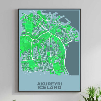 COLOURED ROAD MAP OF AKUREYRI, ICELAND BY MAPBAKES