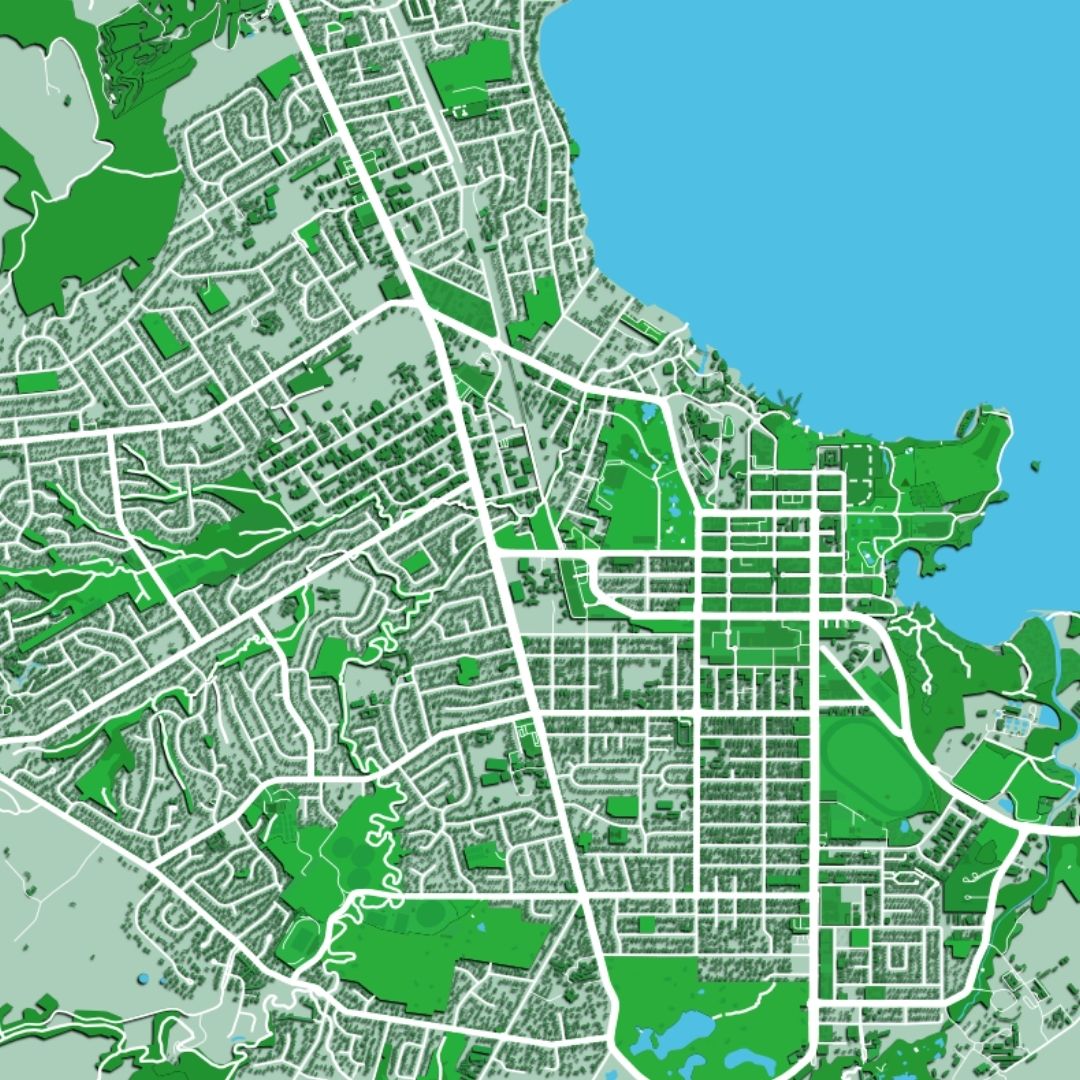 COLOURED ROAD MAP OF ROTORUA, NEW ZEALAND BY MAPBAKES