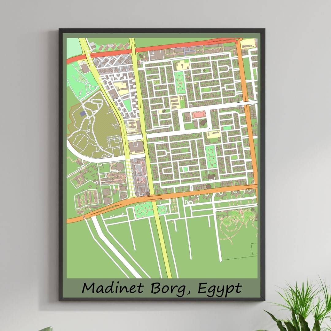 COLOURED ROAD MAP OF MADINET BORG, EGYPT BY MAPBAKES