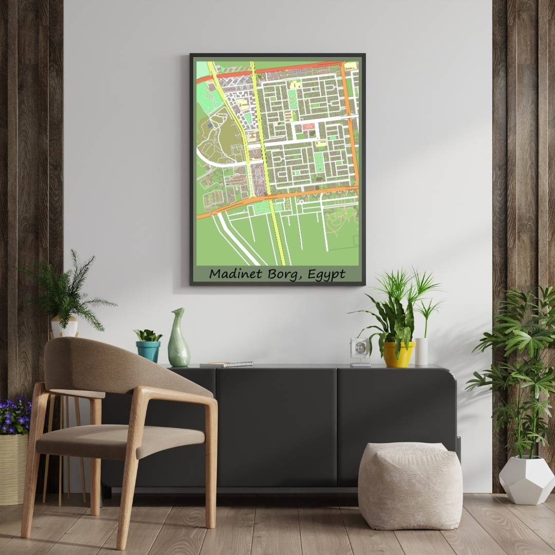 COLOURED ROAD MAP OF MADINET BORG, EGYPT BY MAPBAKES