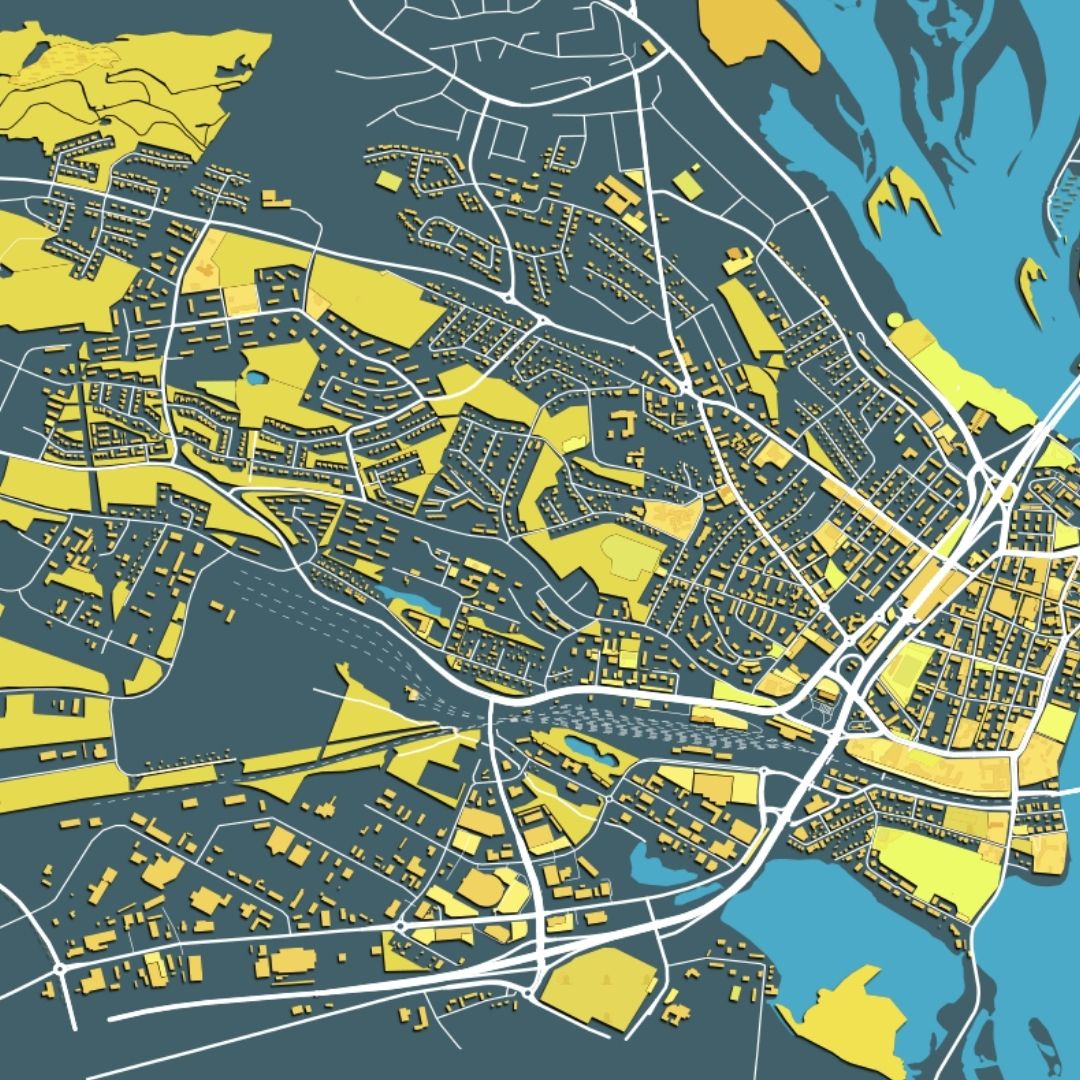 COLOURED ROAD MAP OF ROVANIEMI, FINLAND BY MAPBAKES