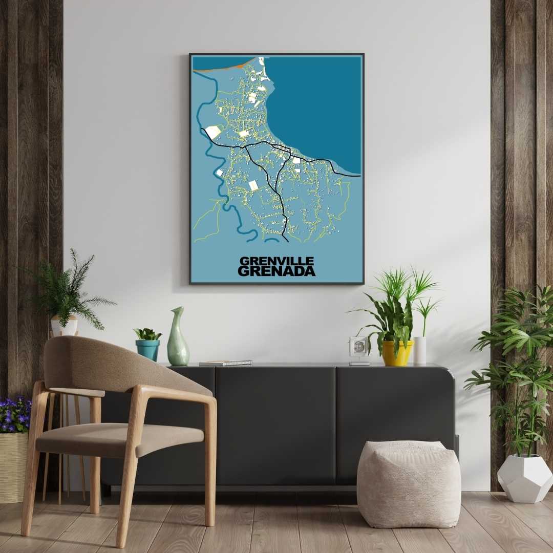 COLOURED ROAD MAP OF GRENVILLE, GRENADA BY MAPBAKES