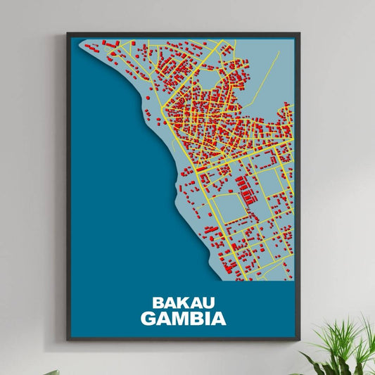 COLOURED ROAD MAP OF BAKAU, GAMBIA BY MAPBAKES