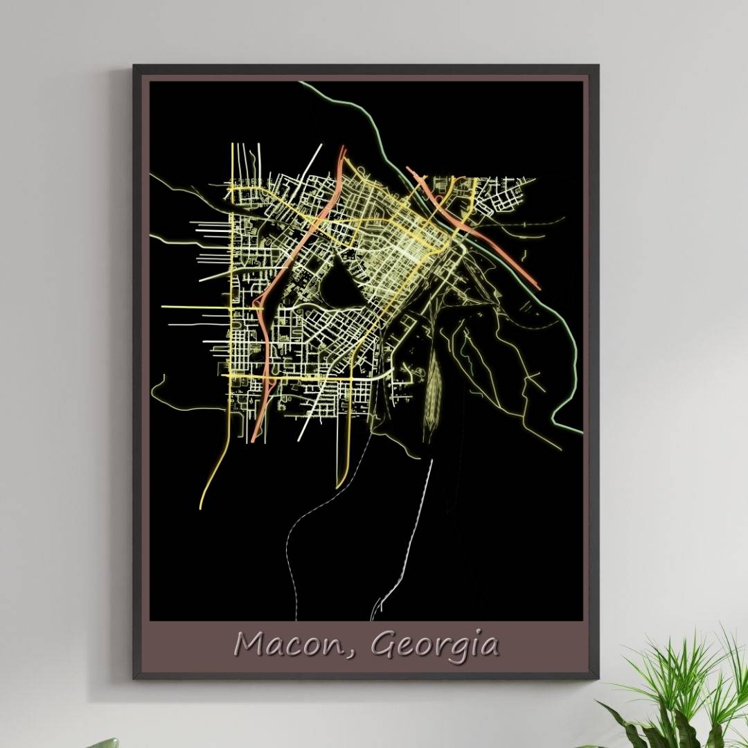 COLOURED ROAD MAP OF MACON, GEORGIA BY MAPBAKES