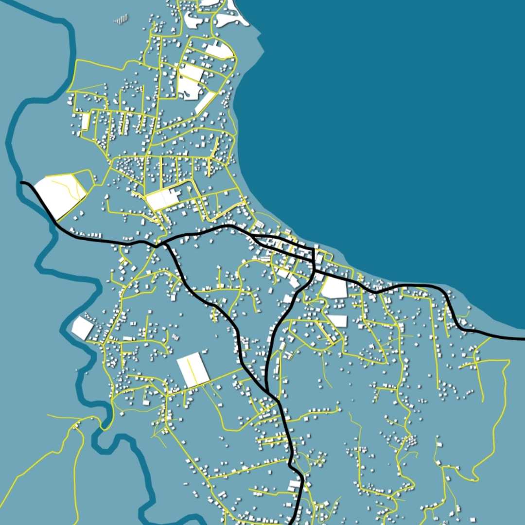 COLOURED ROAD MAP OF GRENVILLE, GRENADA BY MAPBAKES