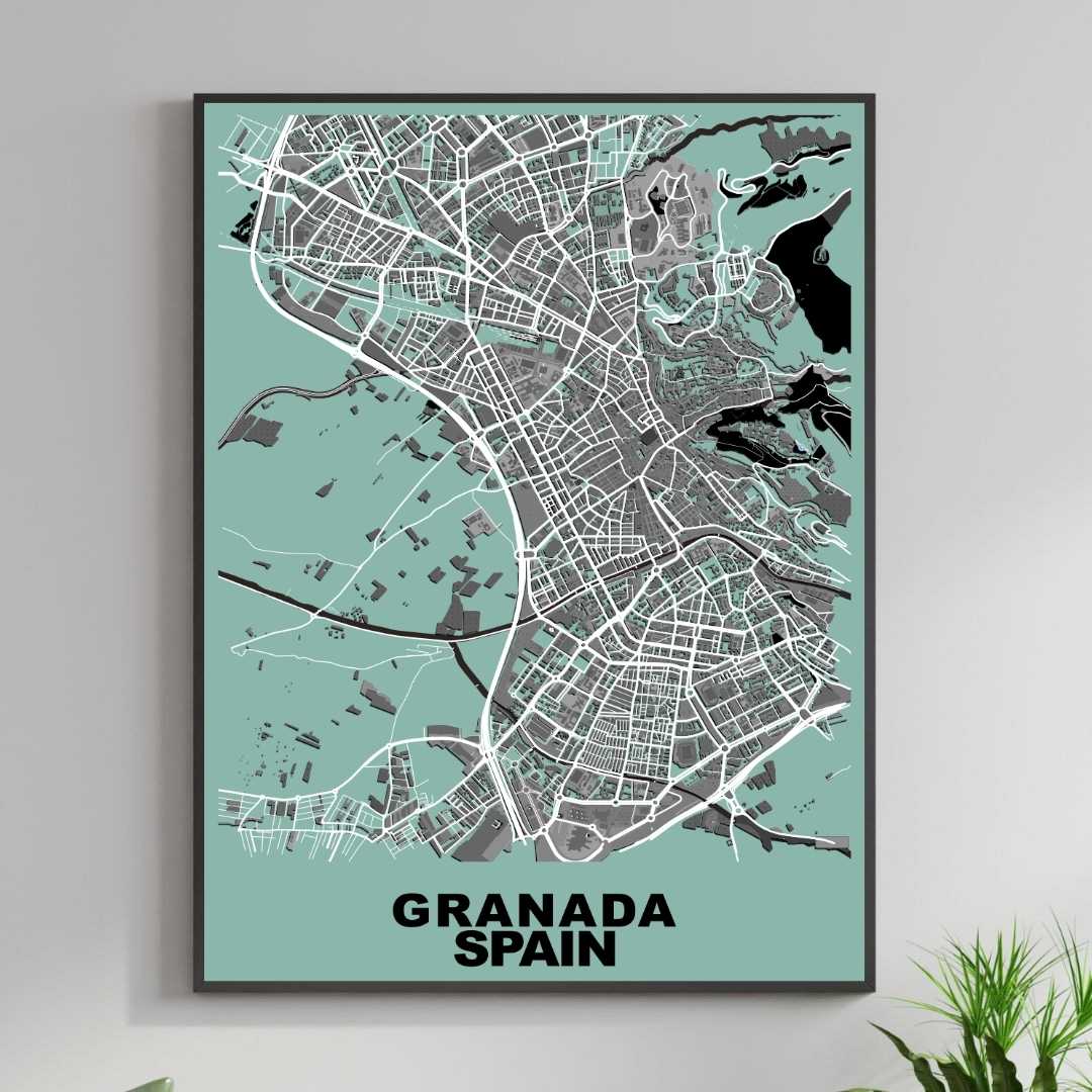 COLOURED ROAD MAP OF GRANADA, SPAIN BY MAPBAKES