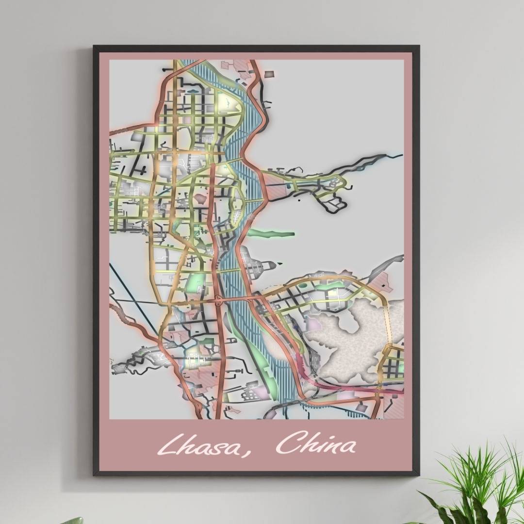 COLOURED ROAD MAP OF LHASA, CHINA BY MAPBAKES