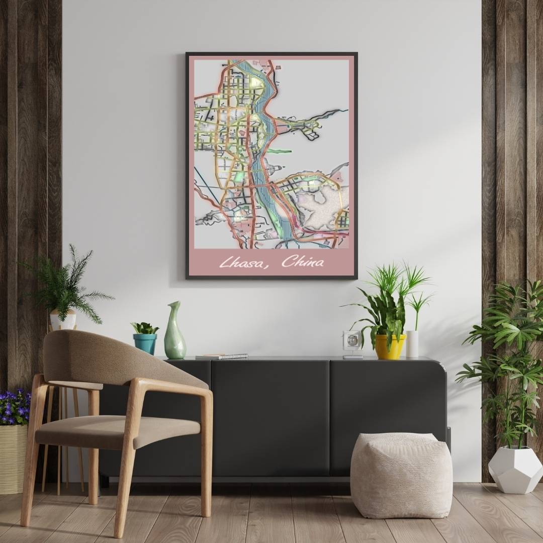 COLOURED ROAD MAP OF LHASA, CHINA BY MAPBAKES