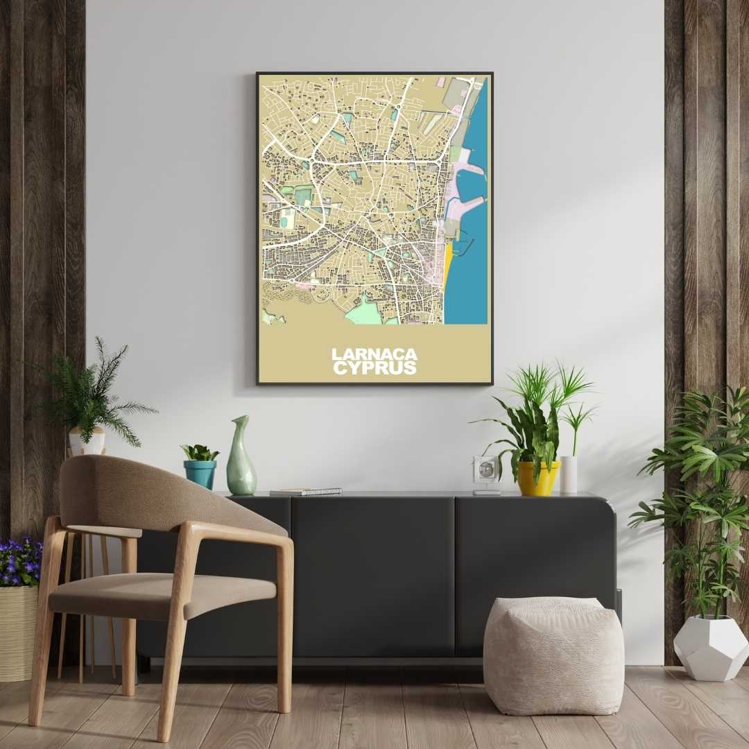 COLOURED ROAD MAP OF LARNACA, CYPRUS BY MAPBAKES