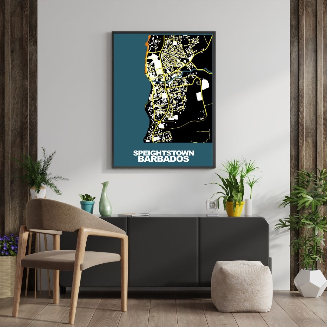 COLOURED ROAD MAP OF SPEIGHTSTOWN, BARBADOS BY MAPBAKES