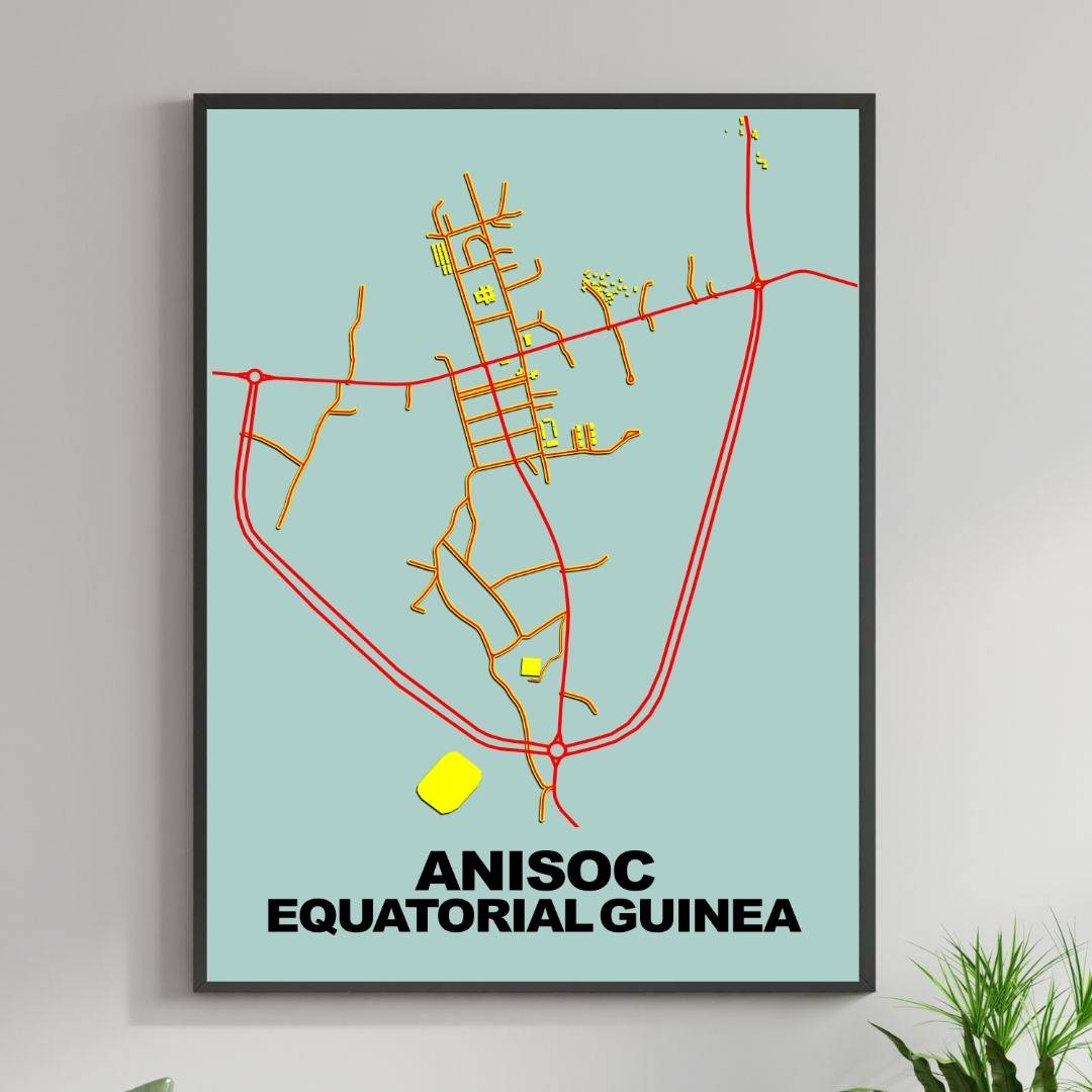 COLOURED ROAD MAP OF ANISOC, EQUATORIAL GUINEA BY MAPBAKES