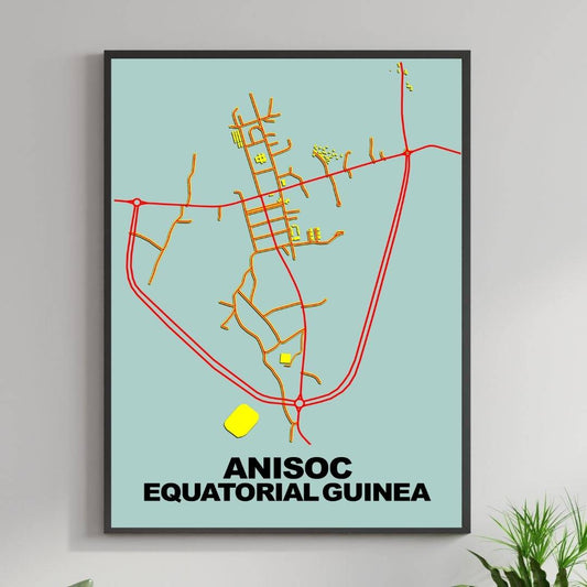 COLOURED ROAD MAP OF ANISOC, EQUATORIAL GUINEA BY MAPBAKES