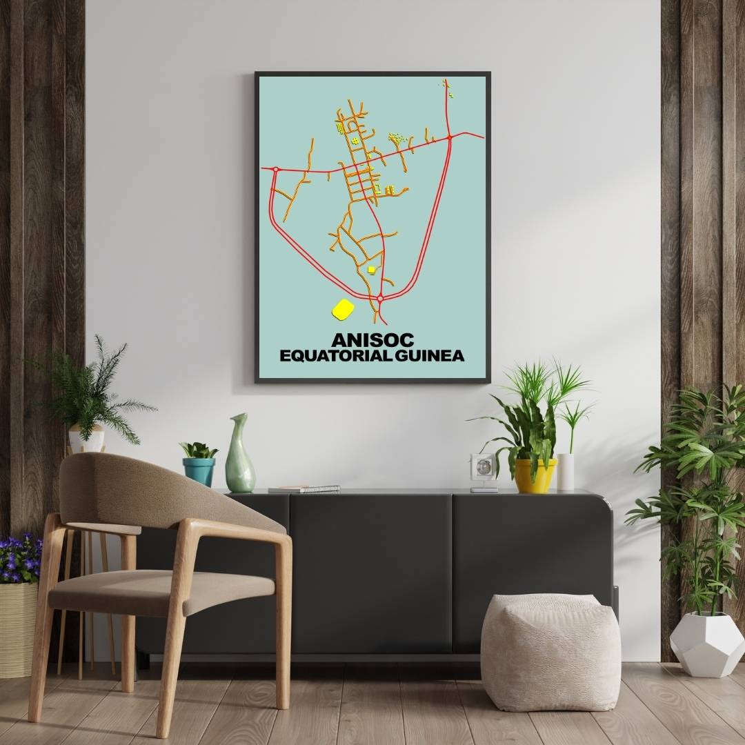 COLOURED ROAD MAP OF ANISOC, EQUATORIAL GUINEA BY MAPBAKES