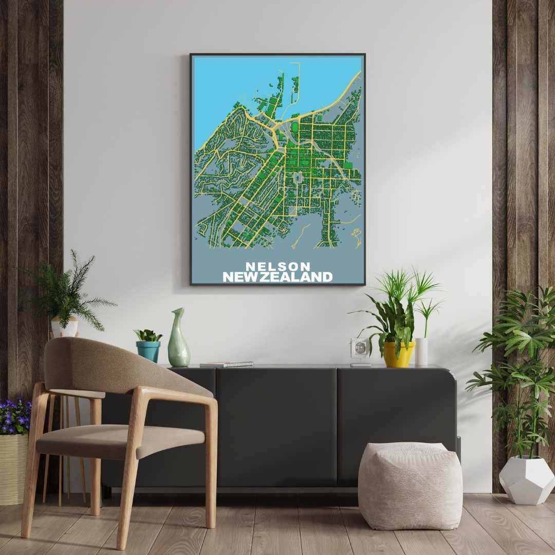 COLOURED ROAD MAP OF NELSON, NEW ZEALAND BY MAPBAKES