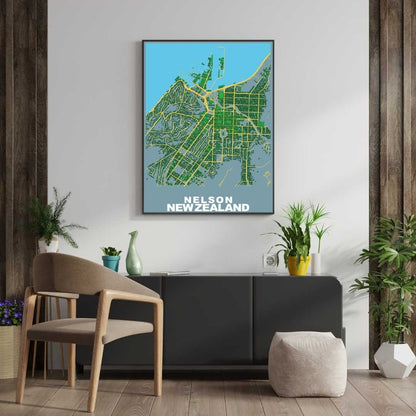 COLOURED ROAD MAP OF NELSON, NEW ZEALAND BY MAPBAKES