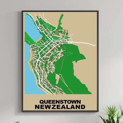 COLOURED ROAD MAP OF QUEENSTOWN, NEW ZEALAND BY MAPBAKES