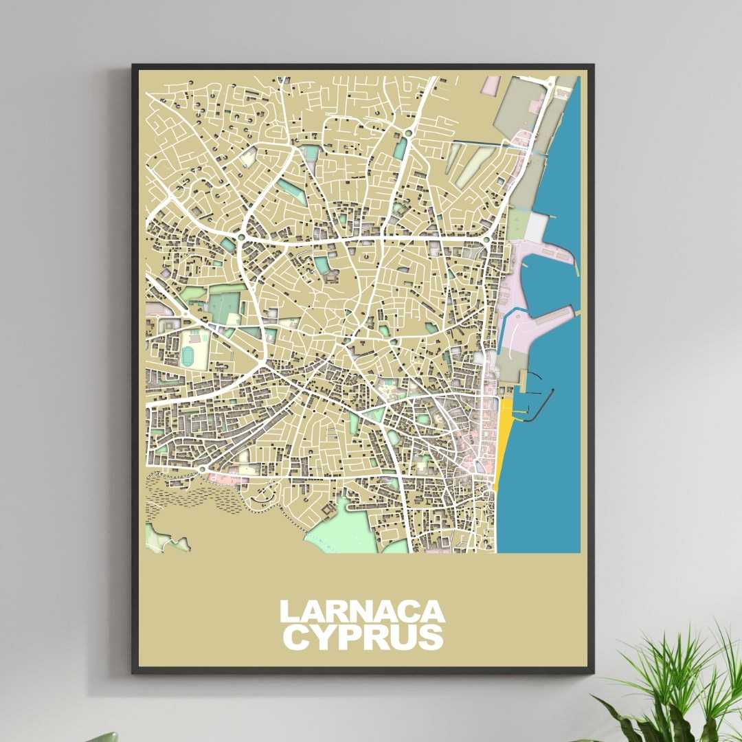 COLOURED ROAD MAP OF LARNACA, CYPRUS BY MAPBAKES