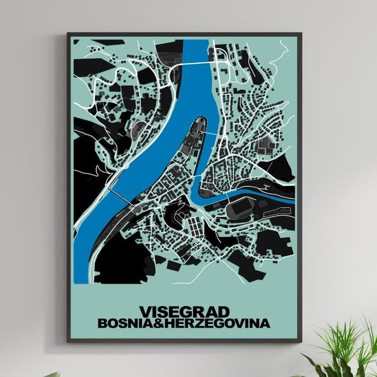 COLOURED ROAD MAP OF VISEGRAD, BOSNIA & HERZEGOVINA BY MAPBAKES