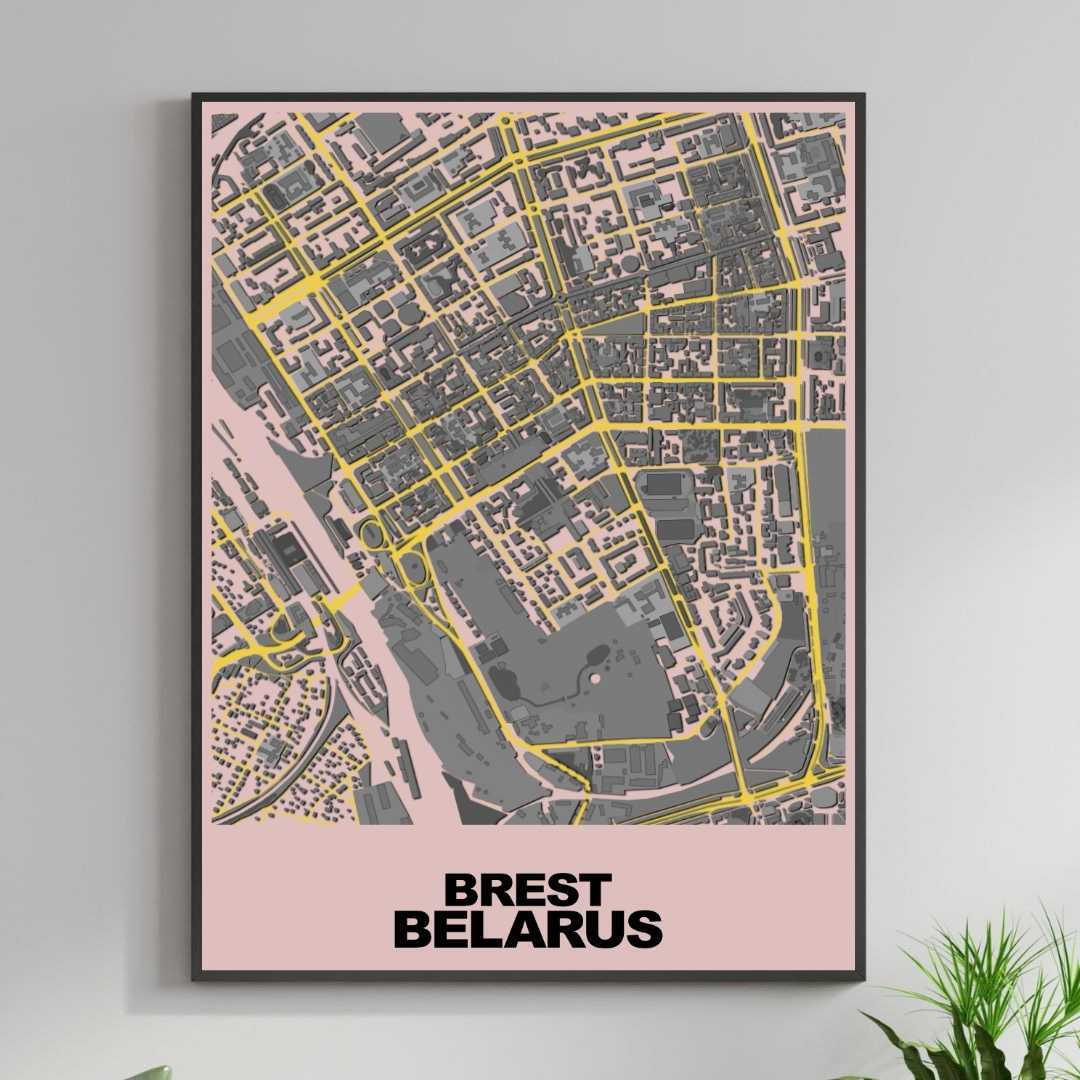 COLOURED ROAD MAP OF BREST, BELARUS BY MAPBAKES