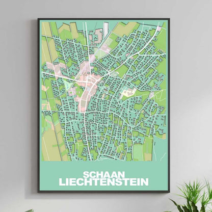 COLOURED ROAD MAP OF SCHAAN, LIECHTENSTEIN BY MAPBAKES