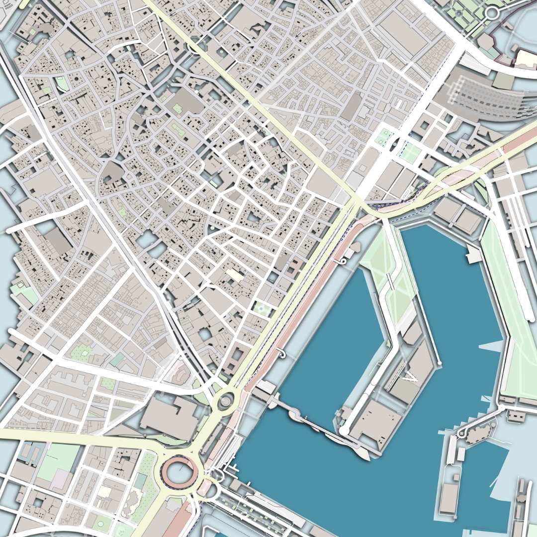 COLOURED ROAD MAP OF BARCELONA, SPAIN BY MAPBAKES