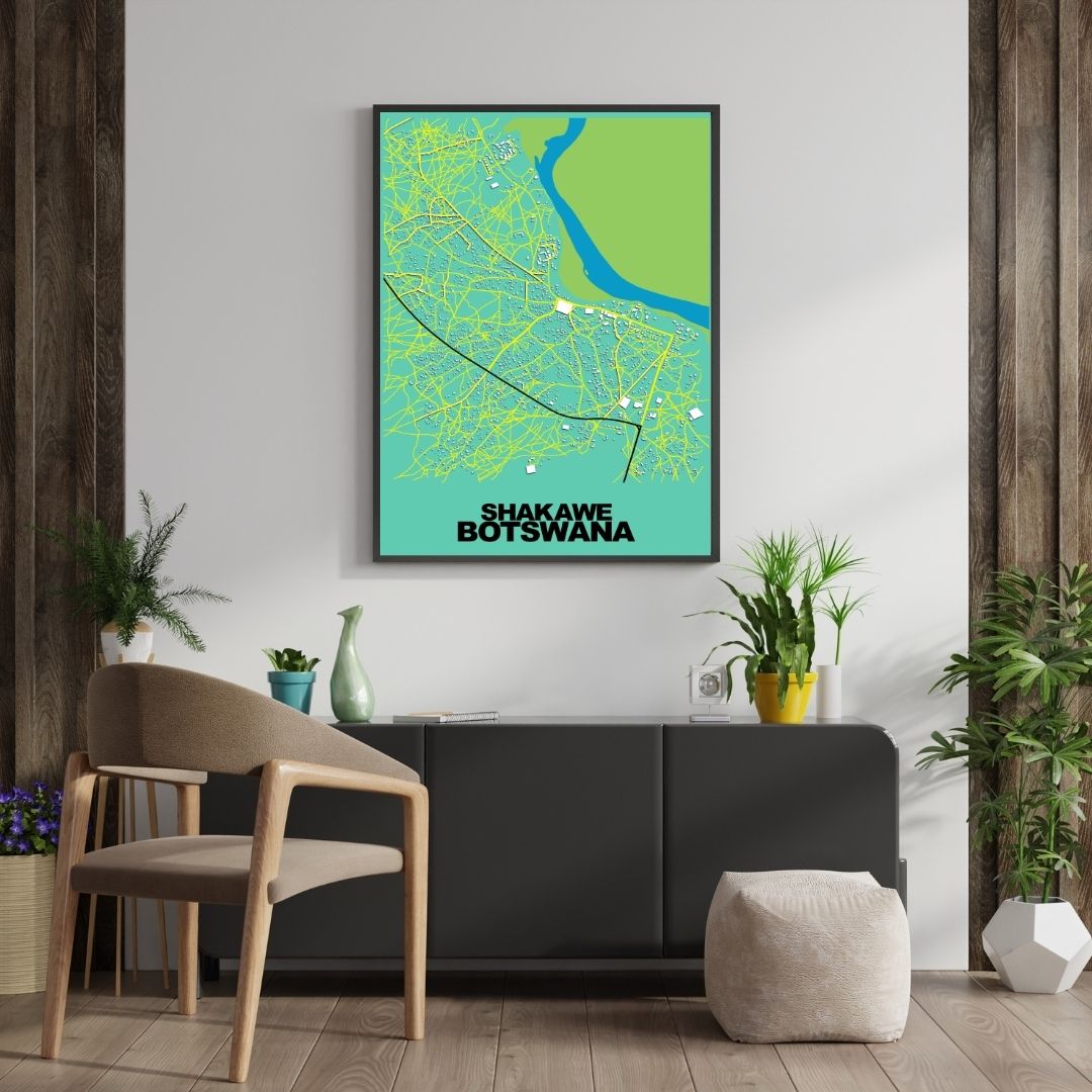 COLOURED ROAD MAP OF SHAKAWE, BOTSWANA BY MAPBAKES